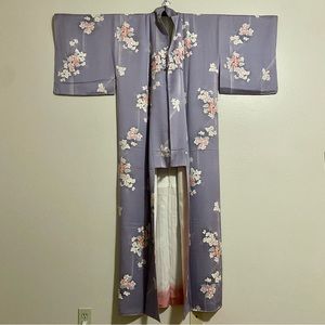 Lavender and Pink Japanese Silk Kimono with Floral Design
